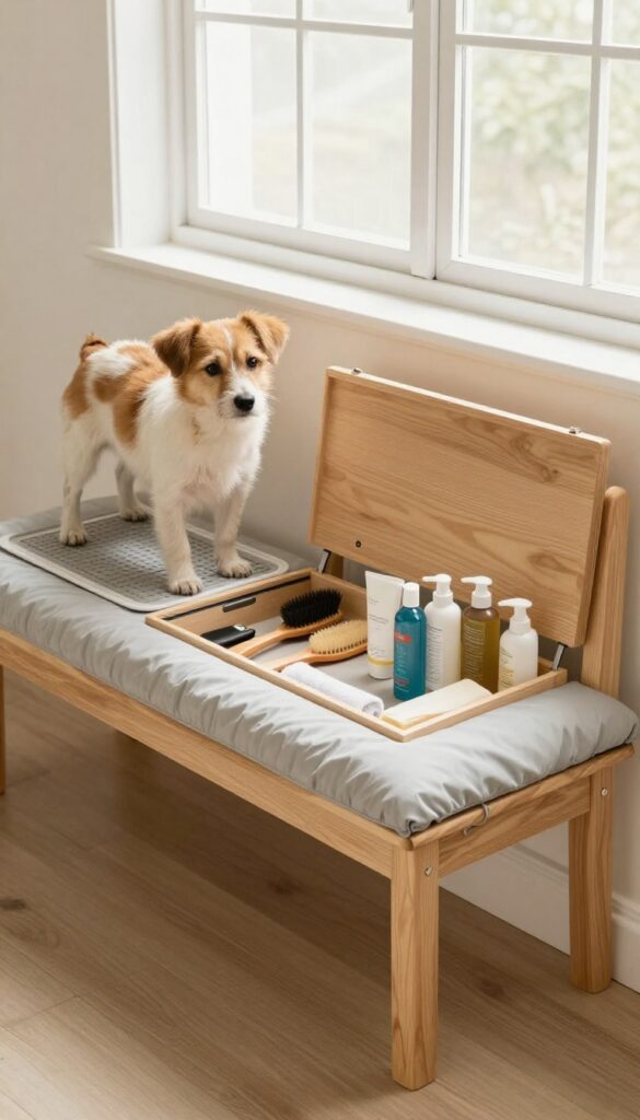 A convertible bench with flip-top storage serving as a dog grooming table in a mudroom, showing organized supplies inside and a dog standing securely on top.