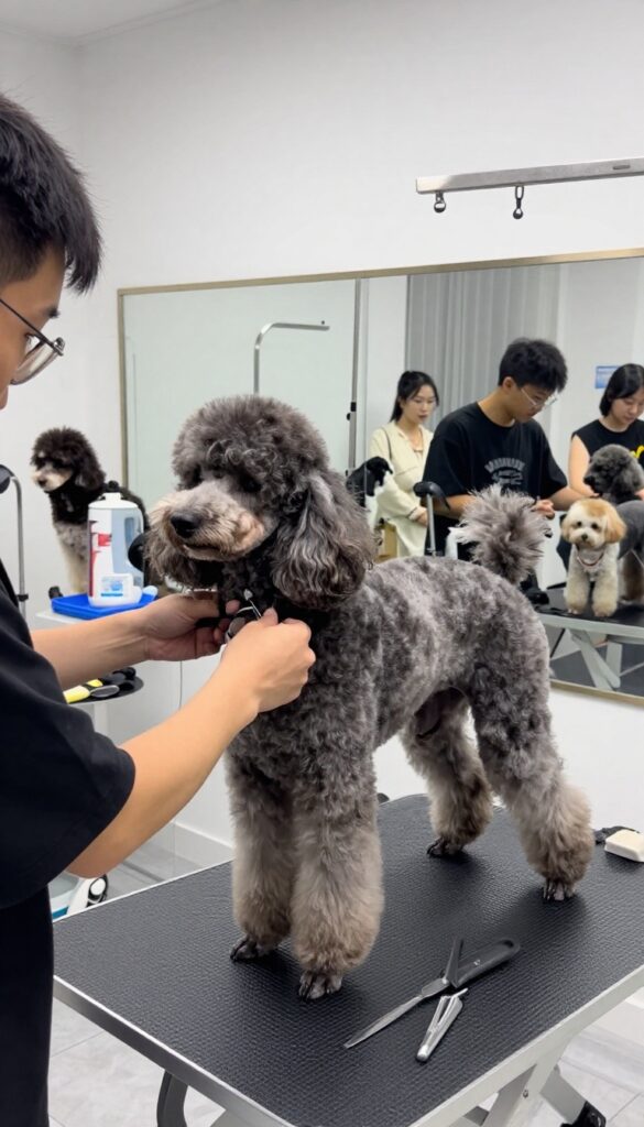 A professional dog groomer demonstrates breed-specific styling on a Poodle in a bright community workshop setting, with owners observing and grooming tools visible.