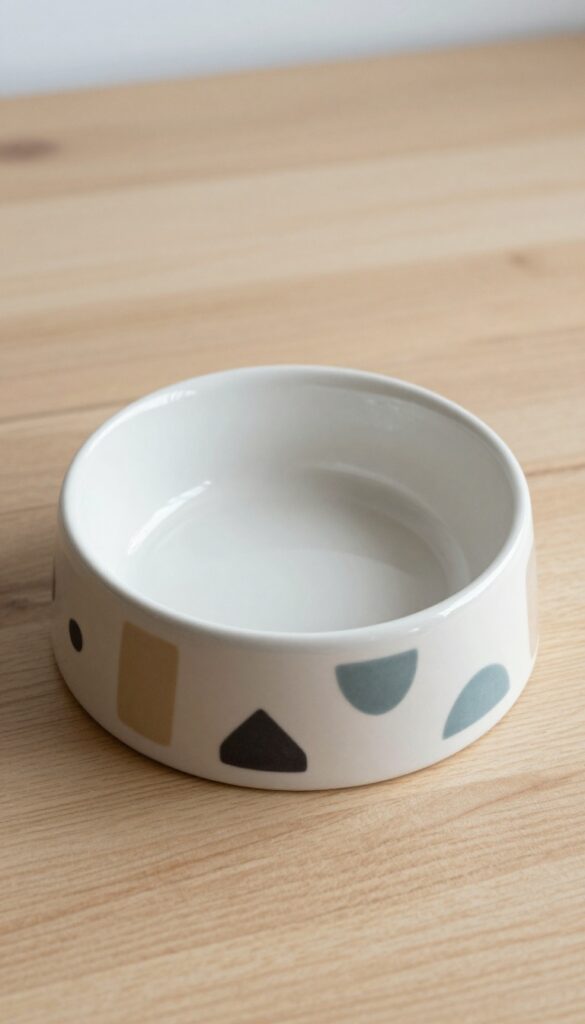 Hand-painted ceramic dog bowl with minimalist geometric design on a wooden surface, showcasing a DIY dog accessory for feeding time.