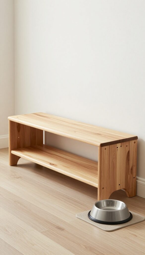 A wooden bench with a lift-up seat in a bright entryway, serving as stylish storage for dog food and seating in a tidy home setting.