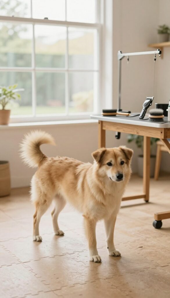 A dog standing securely on non-slip rubber flooring in a well-lit backyard grooming shed, showcasing safe setup for pet grooming.