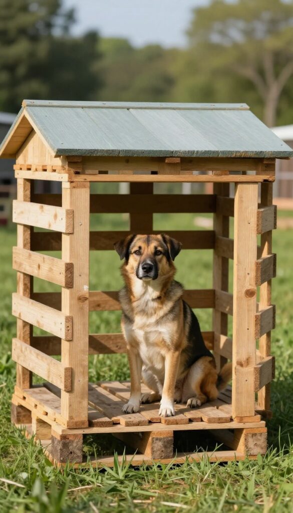 Pallet dog house with raised floor in farm backyard