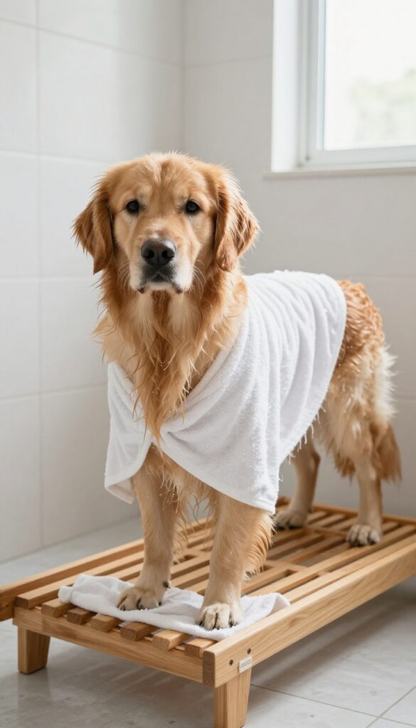 A wet Golden Retriever on an elevated drying rack in a bright bathroom, showcasing a DIY grooming solution to speed up drying and contain messes.