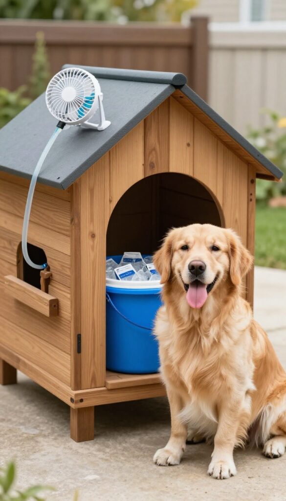DIY dog house with swamp cooler in sunny backyard