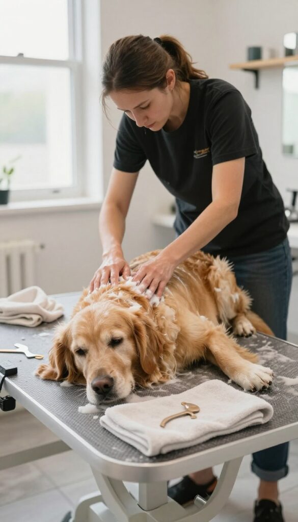 A senior golden retriever receiving gentle grooming care in a bright, clean salon setting, showcasing comfort-focused services for older dogs.