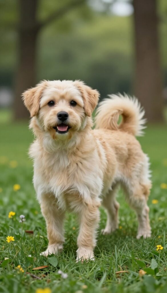 A Poochon dog with an All-Season Blended Cut haircut in a natural outdoor setting, demonstrating a low-maintenance grooming style suitable for varied climates.