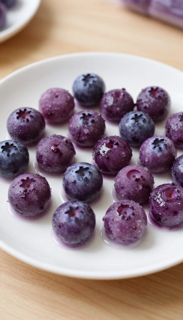Homemade frozen blueberry and yogurt dog treats arranged on a plain plate, showing a deep purple color with visible blueberry pieces, designed for cooling and gut health in dogs.