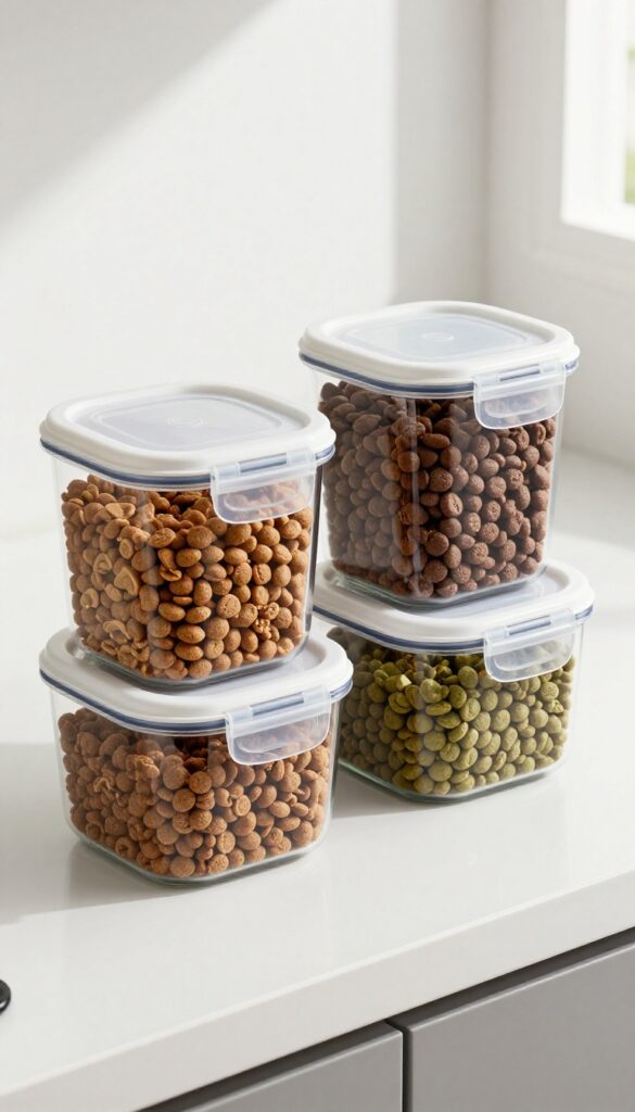 Three clear airtight stackable dog food containers filled with kibble, stacked on a white countertop.
