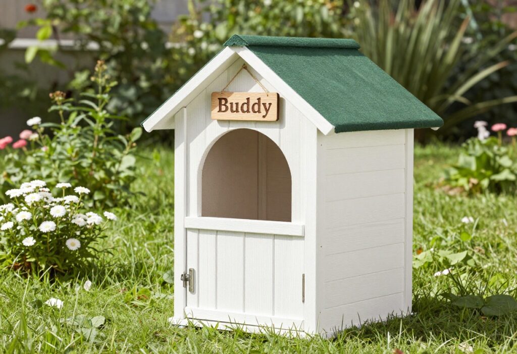 White dog house with personalized wooden sign reading Buddy in a sunny backyard