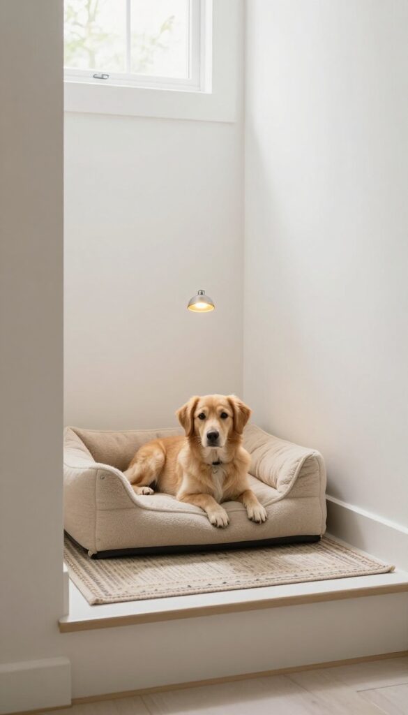 Built-in dog bed under stairs with cozy bedding and soft lighting