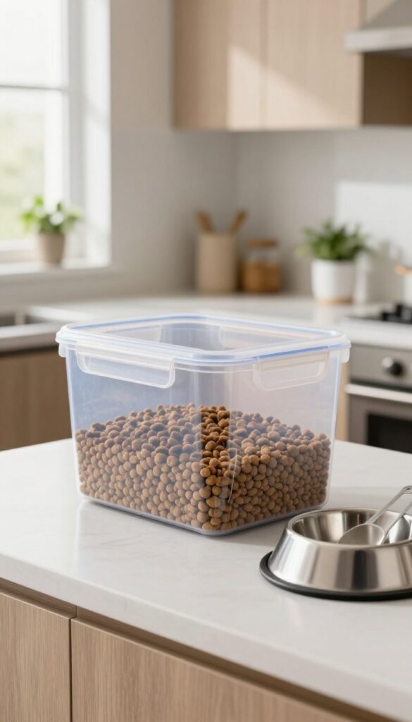 Airtight food container filled with dog kibble on a kitchen counter with a dog bowl and scoop, showcasing fresh pet food storage in a bright, clean setting.