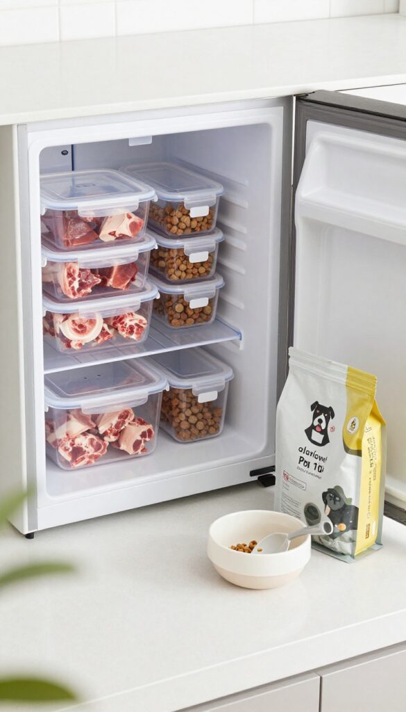 A realistic photo showing organized freezer storage for dog food, including containers and bags with raw diets or bulk kibble in a bright kitchen setting.