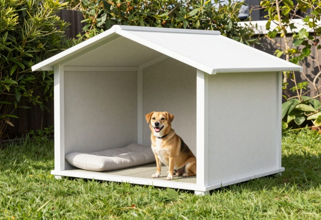 A clean, modern dog house with a raised floor and removable roof in a sunny backyard, with a happy dog sitting nearby.