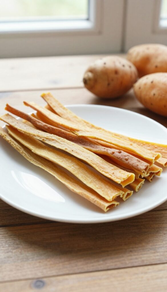 Homemade sweet potato chewy strips for dogs, arranged on a plain plate with natural lighting, showcasing the treat's texture and dog-friendly appeal.