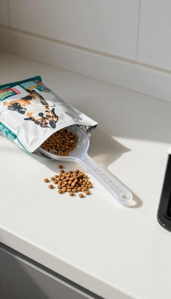 A food scoop with measured portions next to an open bag of dog kibble on a kitchen counter, illustrating portion control for dogs in a bright, clean setting.