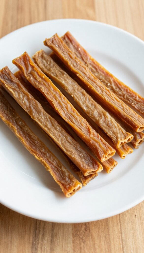 Close-up of homemade chewy sweet potato jerky strips for dogs, arranged on a plain white plate on a wooden table, showcasing their texture and natural appearance without any text or branding.
