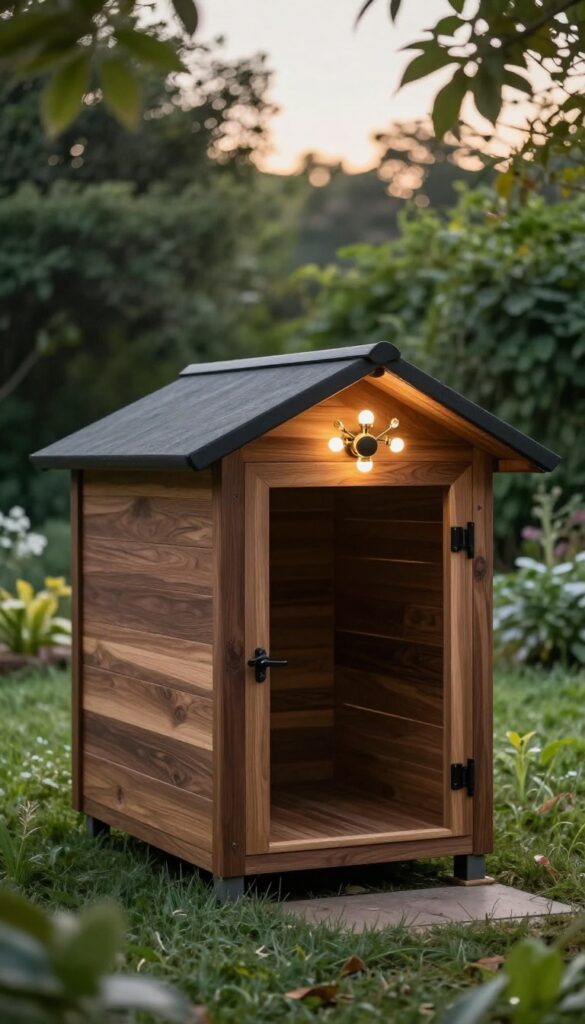 Modern mid-century dog house with sputnik light fixture above entrance at dusk.