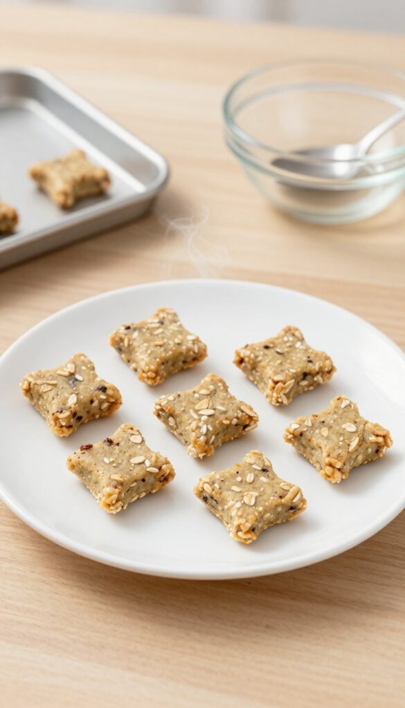 Homemade tuna oat dog training treats on a plain plate, showing small squares with oat and tuna bits, arranged neatly on a wooden table in natural light for a dog recipe blog.