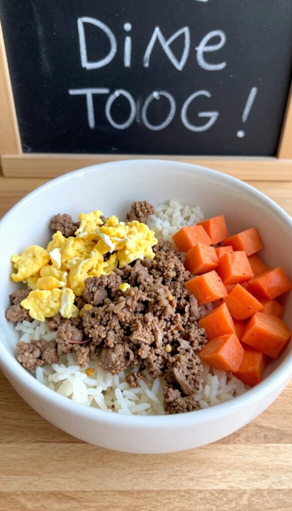 A bowl of homemade beef and egg dog food with carrots and rice, shown in natural light on a wooden surface.