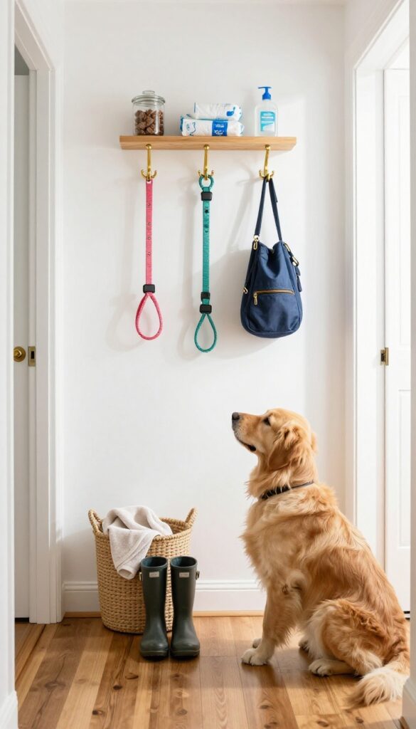 Hallway leash and gear organizer with hooks for leashes, shelf for treats and bags, and basket for boots or towels, with a calm dog sitting nearby.
