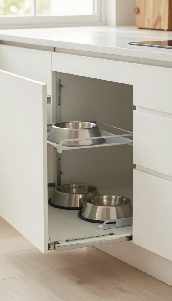A custom pull-out cabinet with built-in bowl holders for dog feeding, shown in a bright, organized kitchen setting.