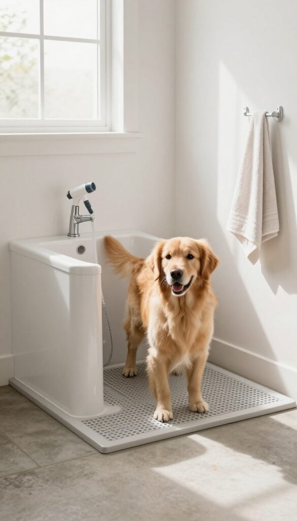 Dog standing in mudroom dog wash station with handheld sprayer and towel