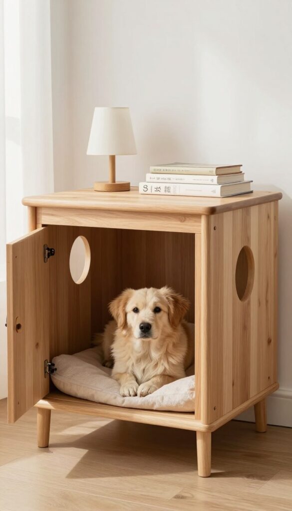 Multi-purpose furniture dog house that looks like an end table with a hidden crate compartment