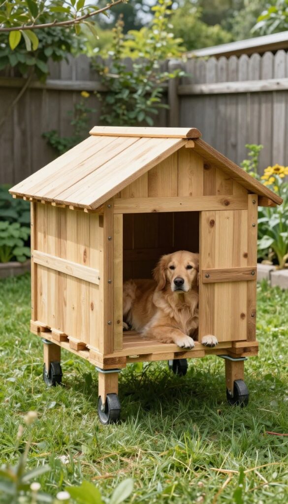 Portable pallet dog house on wheels in a sunny backyard with a golden retriever resting inside