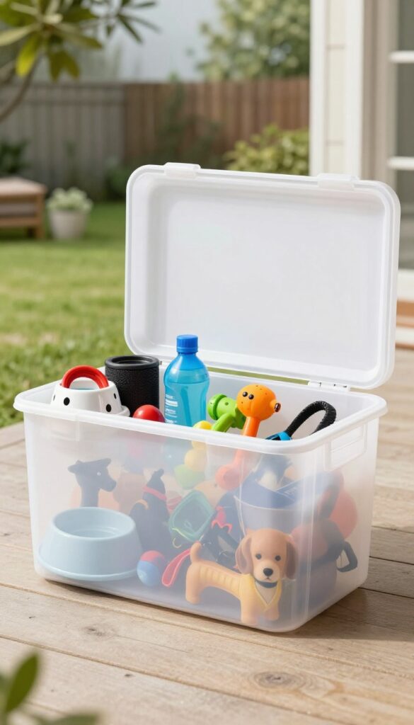 A durable outdoor storage box filled with dog toys, bowls, and leashes, placed in a sunny patio setting to keep pet gear organized and protected.
