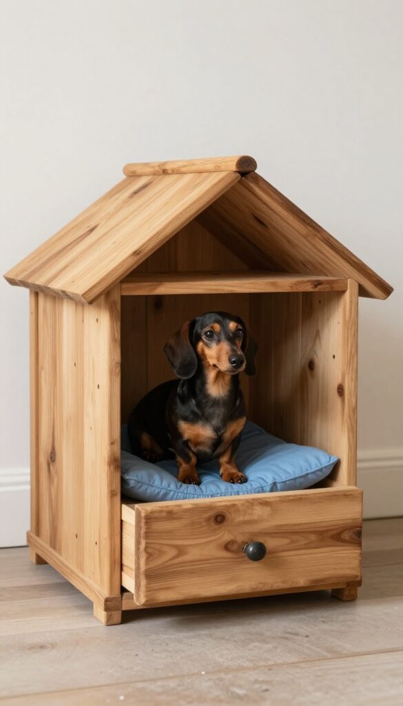 A small dog sitting inside a wooden dresser drawer that has been converted into a cozy dog house on a sunny porch.