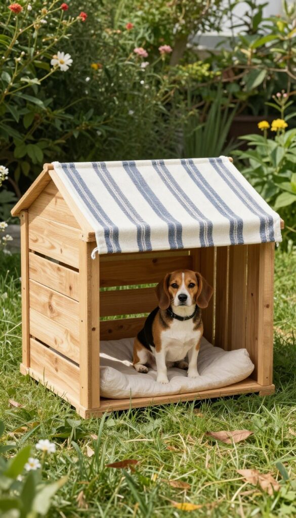 Repurposed wooden crate dog shelter with front awning and dog sitting under shade