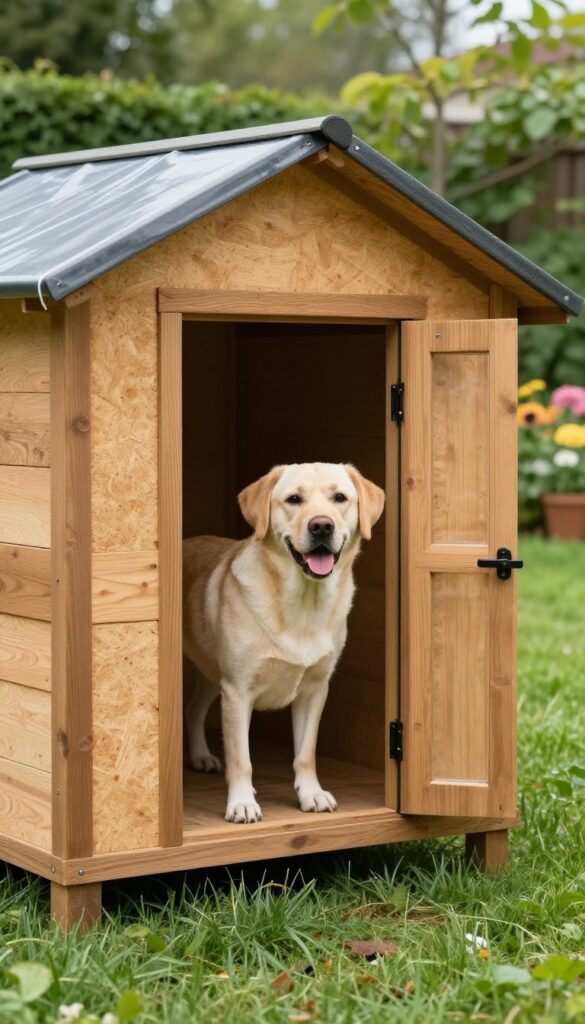 Dog house with insulation and vinyl flap in sunny backyard