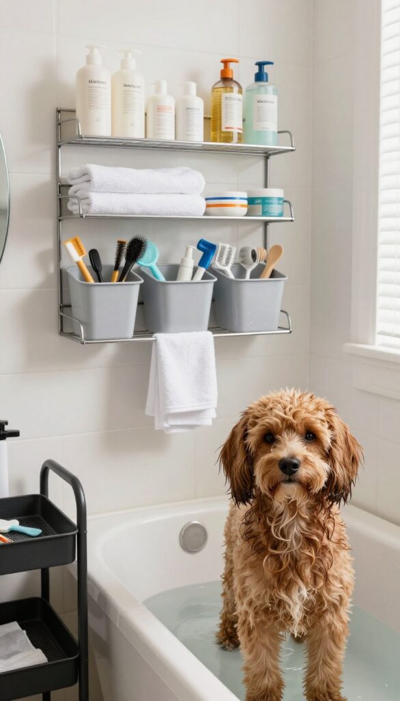 A photorealistic scene showing organized storage shelves near a dog grooming tub in a bright room, with grooming supplies arranged neatly and a wet dog standing calmly in the tub.