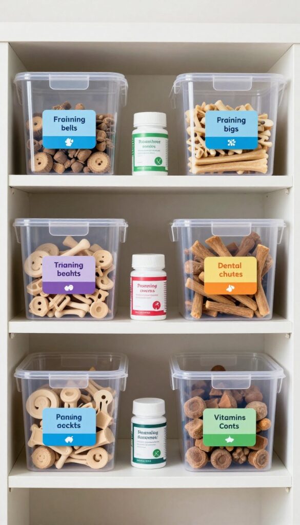 Clear labeled bins storing dog treats and supplements on a pantry shelf, illustrating organized storage to prevent mix-ups.