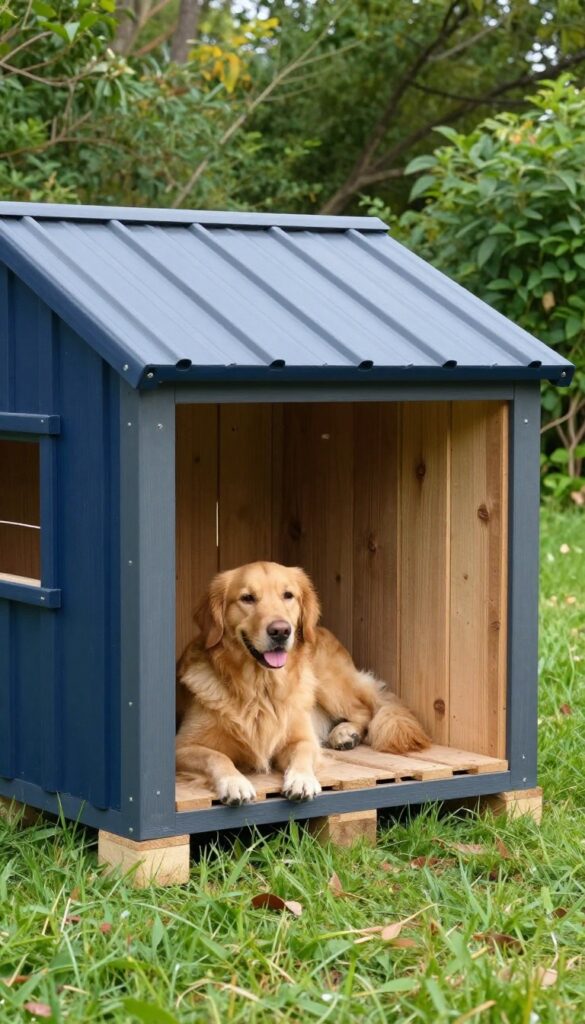 Modern upcycled pallet dog house with metal roof and painted trim in a sunny backyard