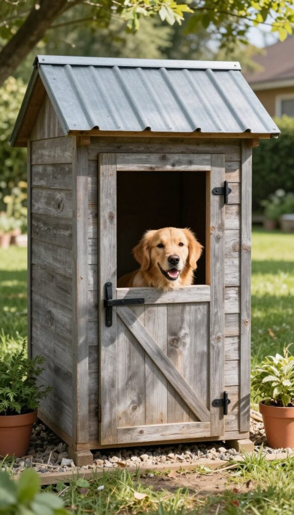 Rustic barn-style dog house with Dutch door in a sunny backyard, featuring reclaimed wood, metal roof, and a golden retriever peeking out from the open top half.