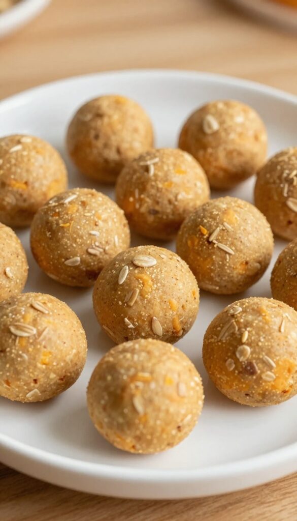 Close-up of soft sweet potato and oat dog treats on a plain plate, showing homemade texture in natural light.
