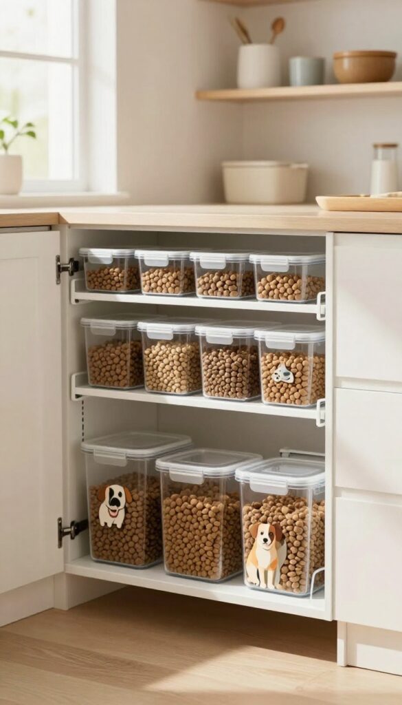 A pull-out shelf in a pantry with dog food containers, illustrating easy access storage for pet owners.