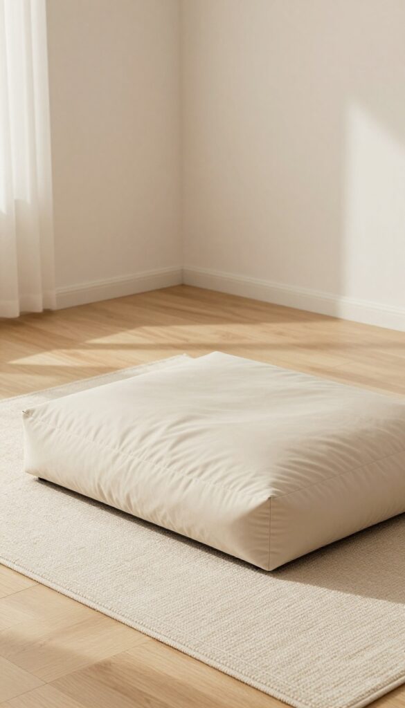 Washable dog bed in a quiet corner of a bright living room with natural light.