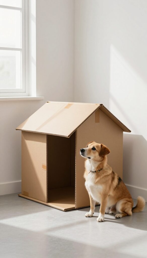 Collapsible flat-pack cardboard dog house folded into a slim panel, with a dog sitting beside it in a bright room