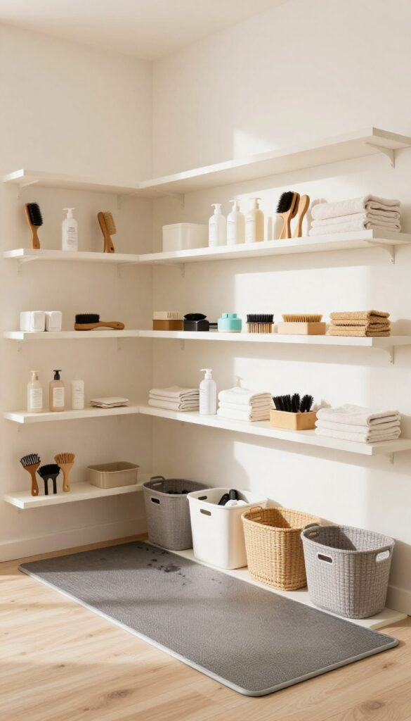 A photorealistic image of an organized dog grooming corner with multi-level wall shelves holding grooming tools in bins and baskets on a non-slip mat in bright natural light.