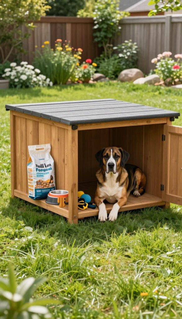 A large gray wooden dog house with built-in side storage for supplies on a sunny lawn, with a Great Dane nearby.