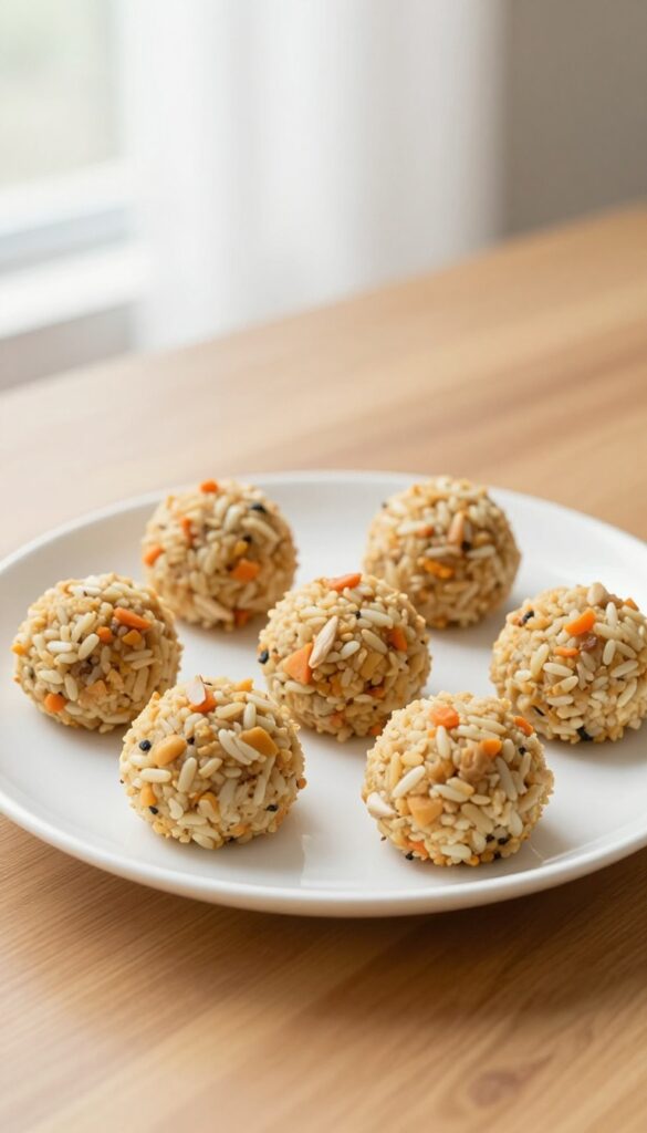 Homemade chicken and rice mini meatballs for dogs, arranged on a white plate, showcasing soft, moist texture with shredded chicken, rice, and carrot in natural light.