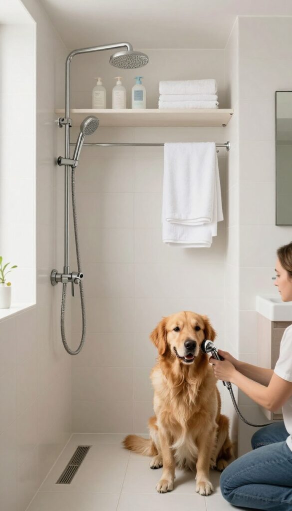 Custom built-in dog washing nook with tile walls, handheld sprayer, and storage cabinets, a golden retriever being bathed.
