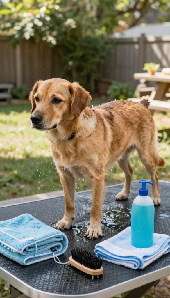 A backyard grooming setup with a dog on a non-slip mat under shade, showing grooming tools and water drainage for easy cleanup.
