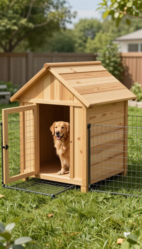 Dog house with attached fenced run in backyard