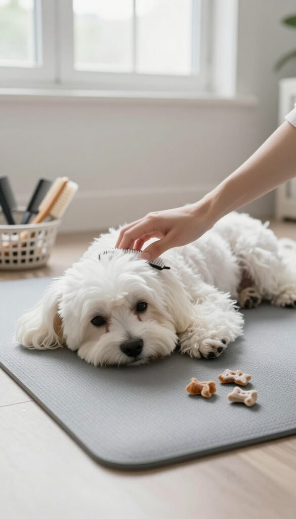 A Maltese dog being groomed calmly on a non-slip mat in a bright, quiet bathroom corner, with grooming tools nearby.