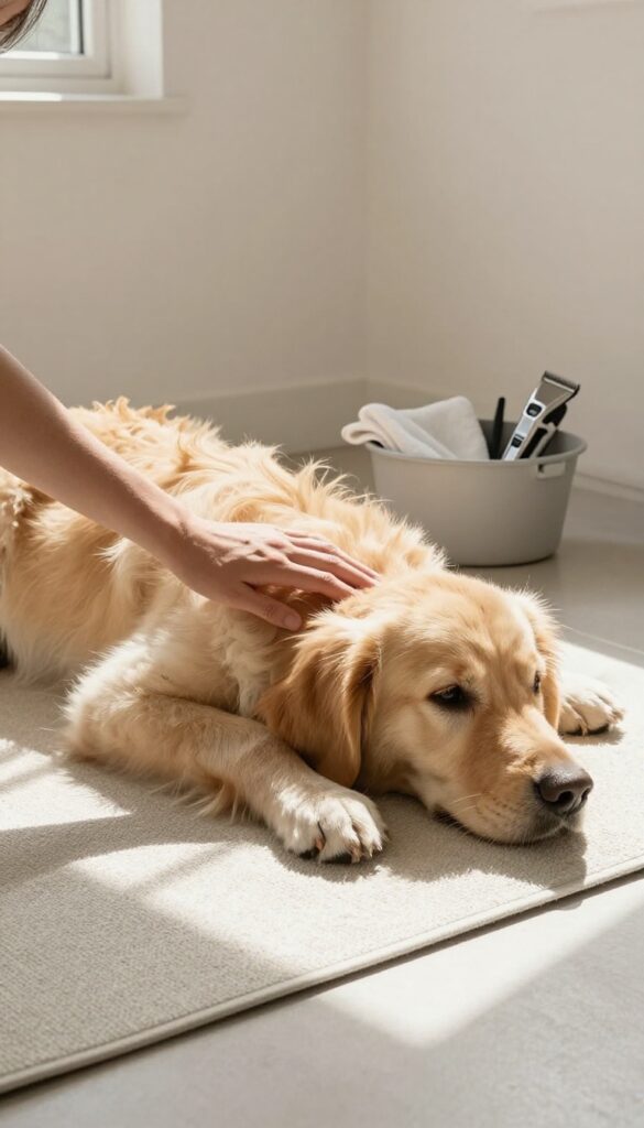 A young puppy being gently brushed on a non-slip mat in a bright room, showcasing early grooming training for lifelong comfort.