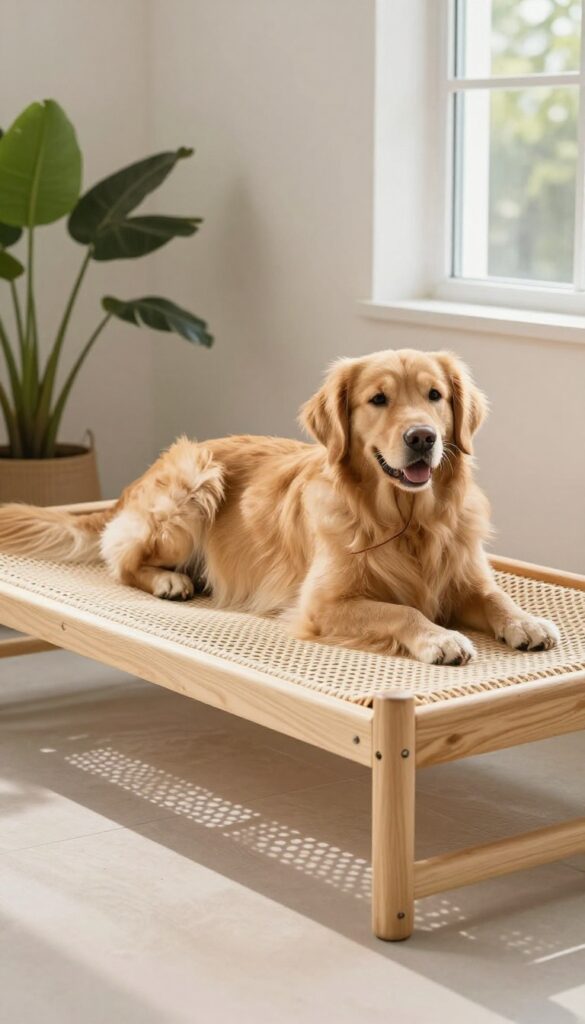 Elevated cot bed for dogs with mesh surface, wooden frame, golden retriever resting indoors, bright natural light