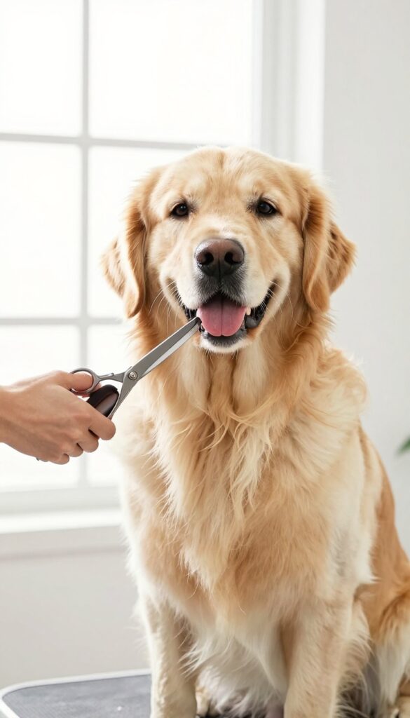 A groomer efficiently using electric thinning shears to blend a Golden Retriever's coat in a well-lit studio.